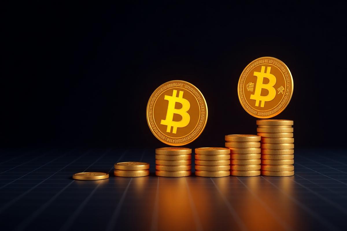A single glowing Bitcoin coin gradually divided into smaller descending stacks